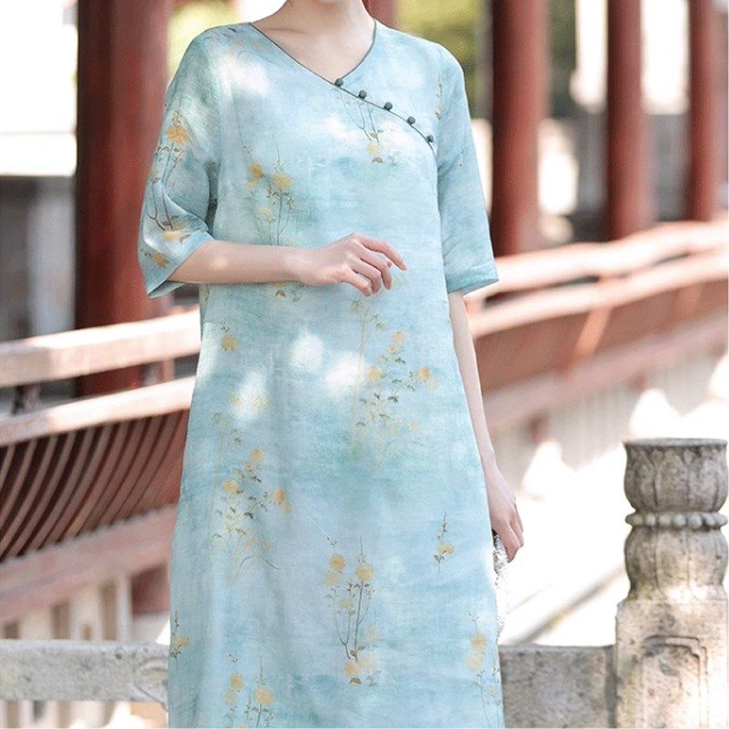 大码女装连衣裙2024夏装胖mm200斤宽松显瘦复古印花改良版旗袍裙