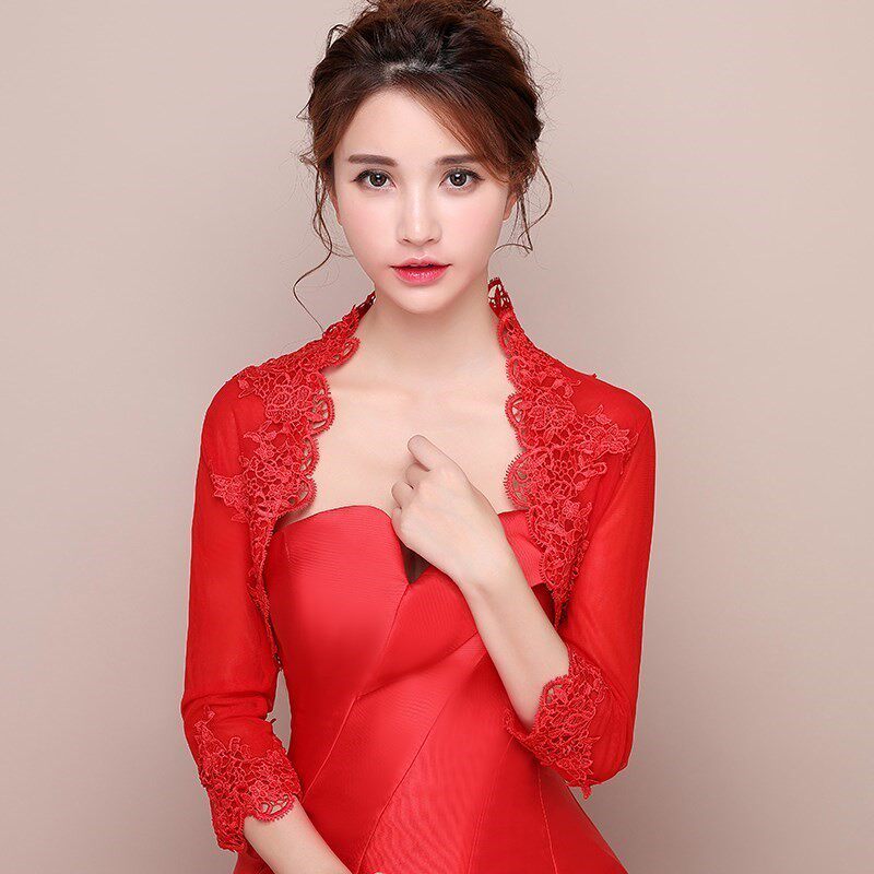 长袖红色披肩婚纱新娘伴娘礼服旗袍外套大码白色礼仪年会披肩秋冬