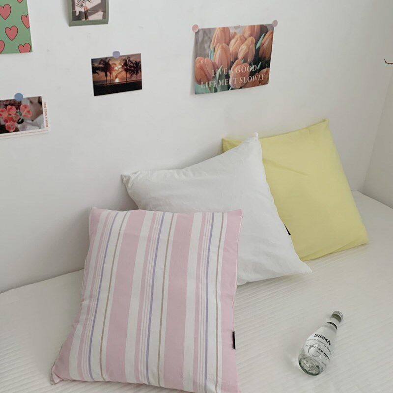 彩色条纹淡黄色纯色全棉抱枕套色织水洗棉纯棉方枕套50*50靠枕套
