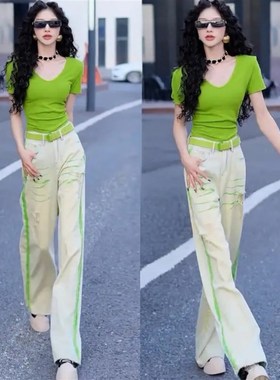 夏季气质高腰短款T恤显瘦时尚蓝色拼接绿色涂鸦破洞直筒女牛仔裤