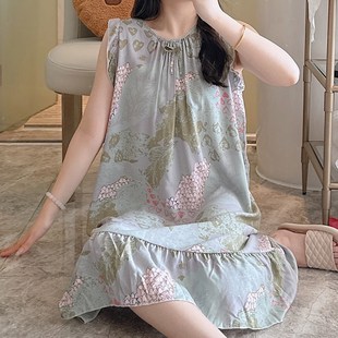 棉绸睡裙女夏薄款 连衣裙卡通甜美可外穿家居服绵绸裙子 高级感无袖