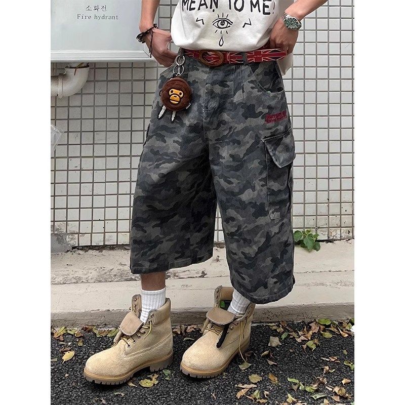 美式复古刺绣迷彩口袋工装七分裤男女夏季潮宽松休闲百搭阔腿短裤,男装,休闲裤,淘宝优惠券,粉丝福利购,淘宝优惠卷
