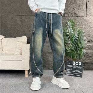 新款 时尚 宽松直筒工装 美式 青年百搭阔腿弯刀裤 男春季 裤 潮牌牛仔裤