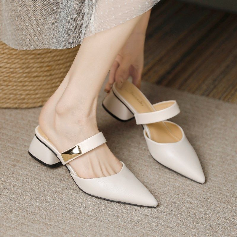 法式米白色包头一字带粗跟4厘米凉拖鞋女2025春夏浅口配裙子外穿,女鞋,包头拖,淘宝优惠券,粉丝福利购,淘宝优惠卷