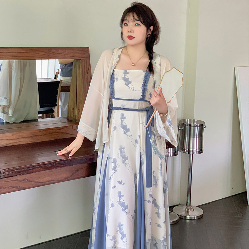 大码女装改良国风系列汉服女雪纺古装碎花裙胖mm超仙长裙两件套裙