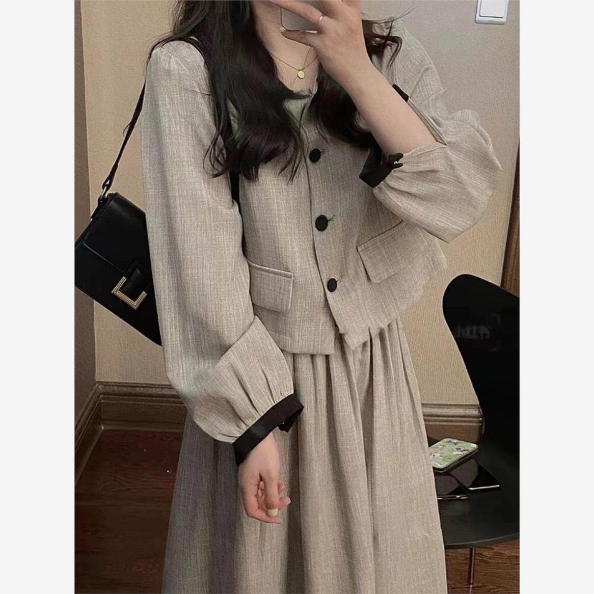 小香风撞色翻领西装上衣套装女春季新款小洋装半身裙子早秋两件套