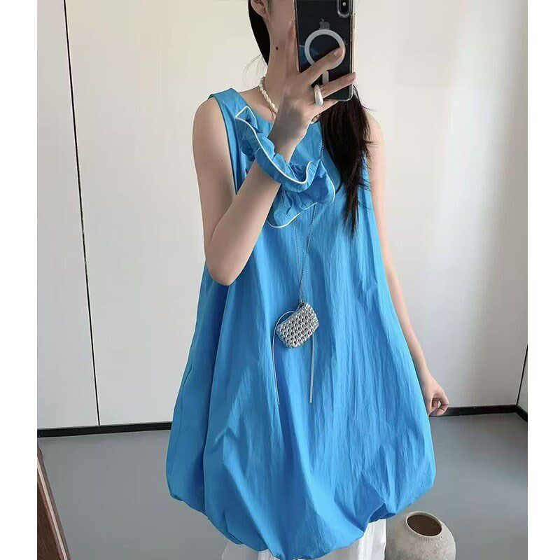 韩版小个子头花云朵无袖花苞背心裙2025春夏小众日系极简风气质裙