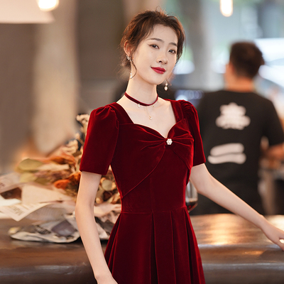 敬酒服新娘2021新款结婚小个子红色回门礼服裙订婚丝绒连衣裙冬季