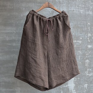 宽松休闲透气凉快咖啡色大码 夏季 沙滩裤 热裤 帅 稀疏褶皱亚麻五分裤