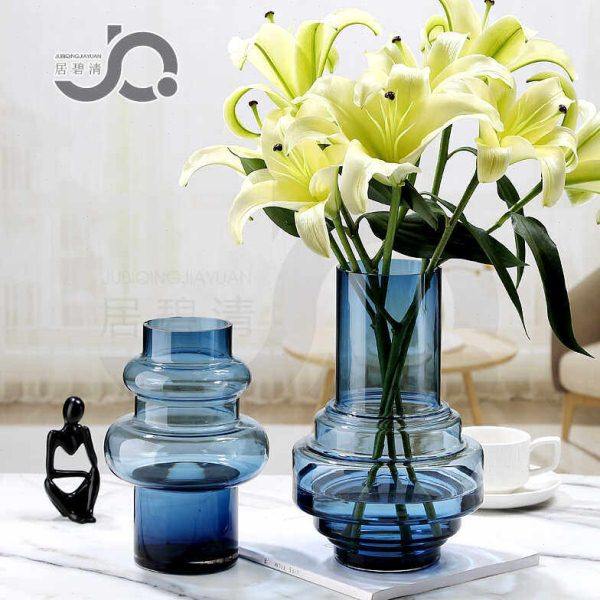 北欧简约蓝色玻璃花瓶圆柱造型水培富贵竹插花百合玫瑰向日葵摆件