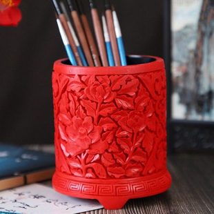中国红北京漆器漆雕笔筒剔红雕漆笔筒特色工艺品摆件出国礼品包邮