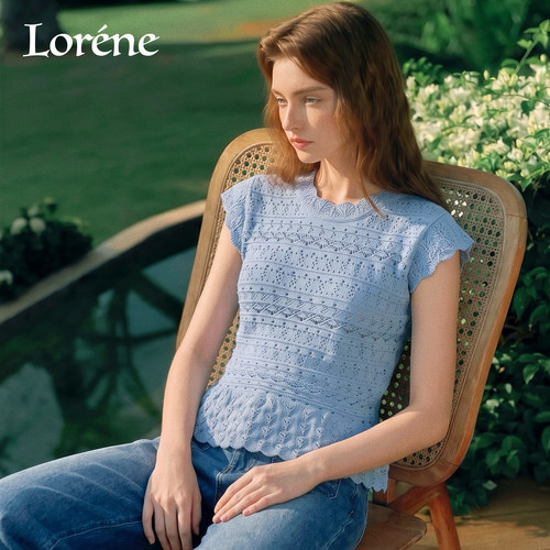 Lorene甜美风荷叶短袖T恤小飞袖收腰针织上衣鱼尾下摆镂空提花女