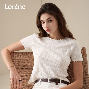 修身 Lorene26春款 浪漫打底衫 T恤女法式 圆领亲肤内搭纯棉体恤 短袖