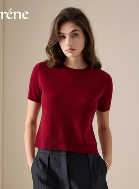 Lorene针织短袖T恤女法式圆领极简修身山羊绒体恤春装打底衫内搭
