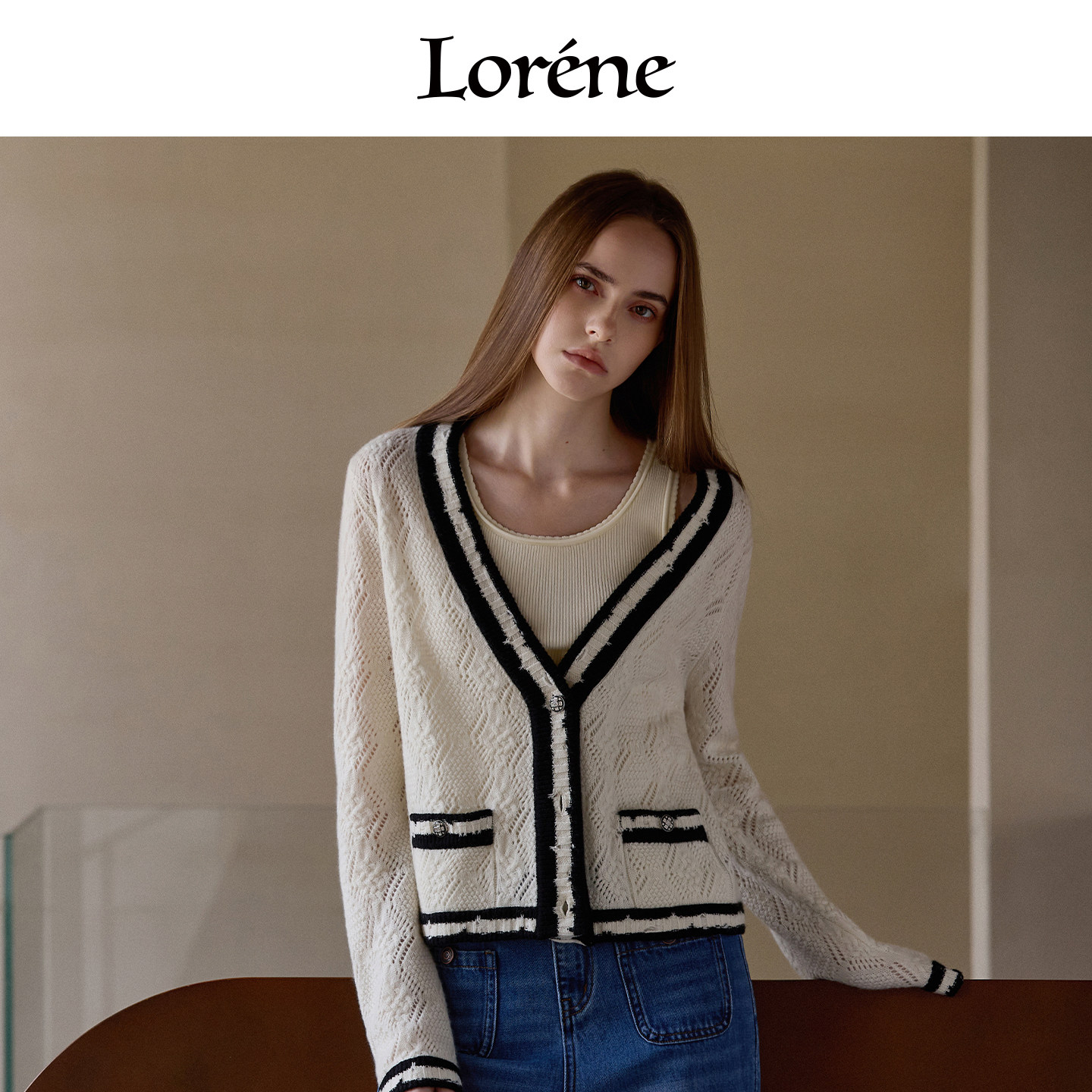 Lorene羊绒开衫女短款修身花边优雅浪漫法式风针织衫羊毛外套女