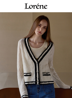 Lorene羊绒开衫女短款修身花边优雅浪漫法式风针织衫羊毛外套女