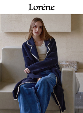 Lorene羊毛大衣女长款翻领毛呢大衣百分百羊毛双面呢宽松外套女