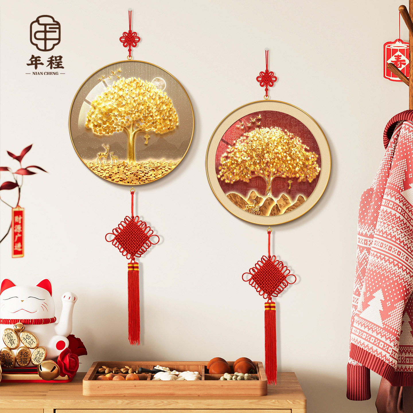 黄金发财树玄关斗柜装饰画摇钱树客厅电视背景墙挂画招财纳福挂饰