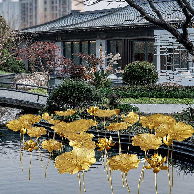 铁艺水景庭院金属装饰摆件荷花景观小品金色莲花水池荷叶户外莲蓬
