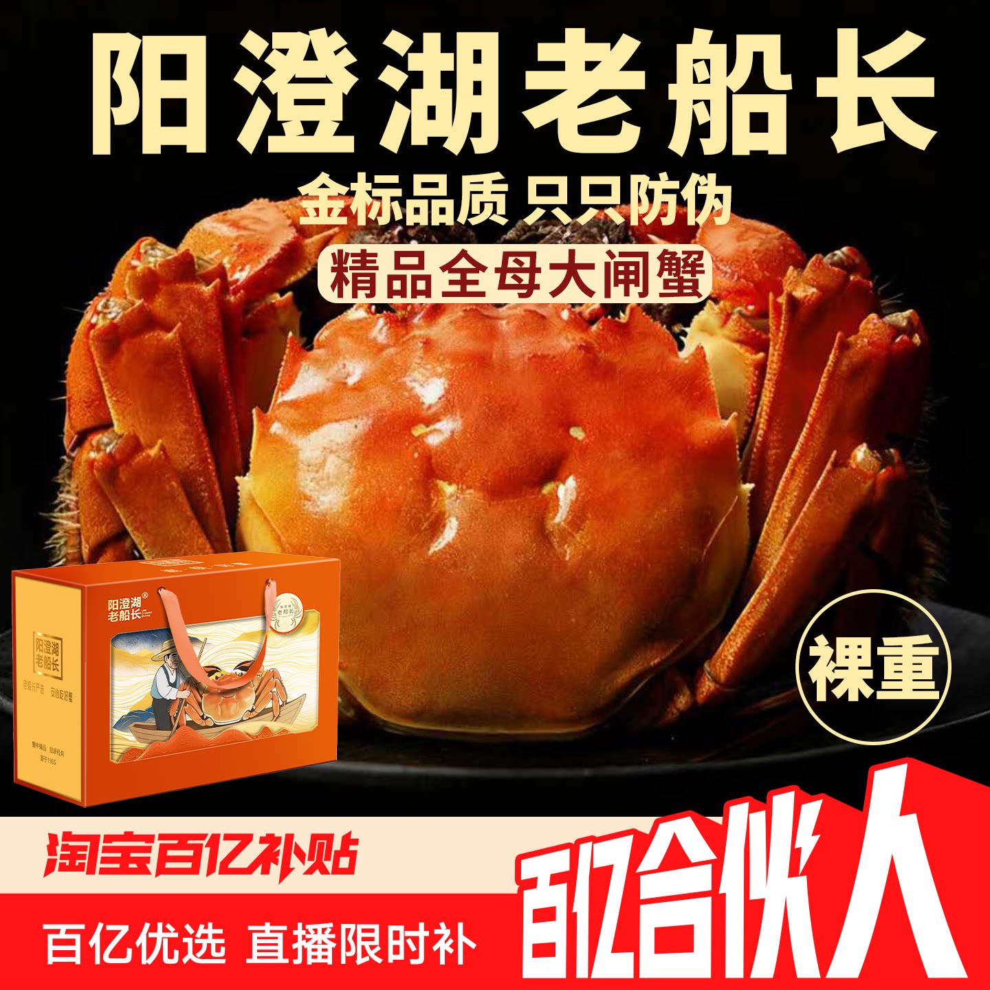 [活蟹]阳澄湖老船长大闸蟹螃蟹鲜活河蟹全母蟹礼盒官方旗舰店BY