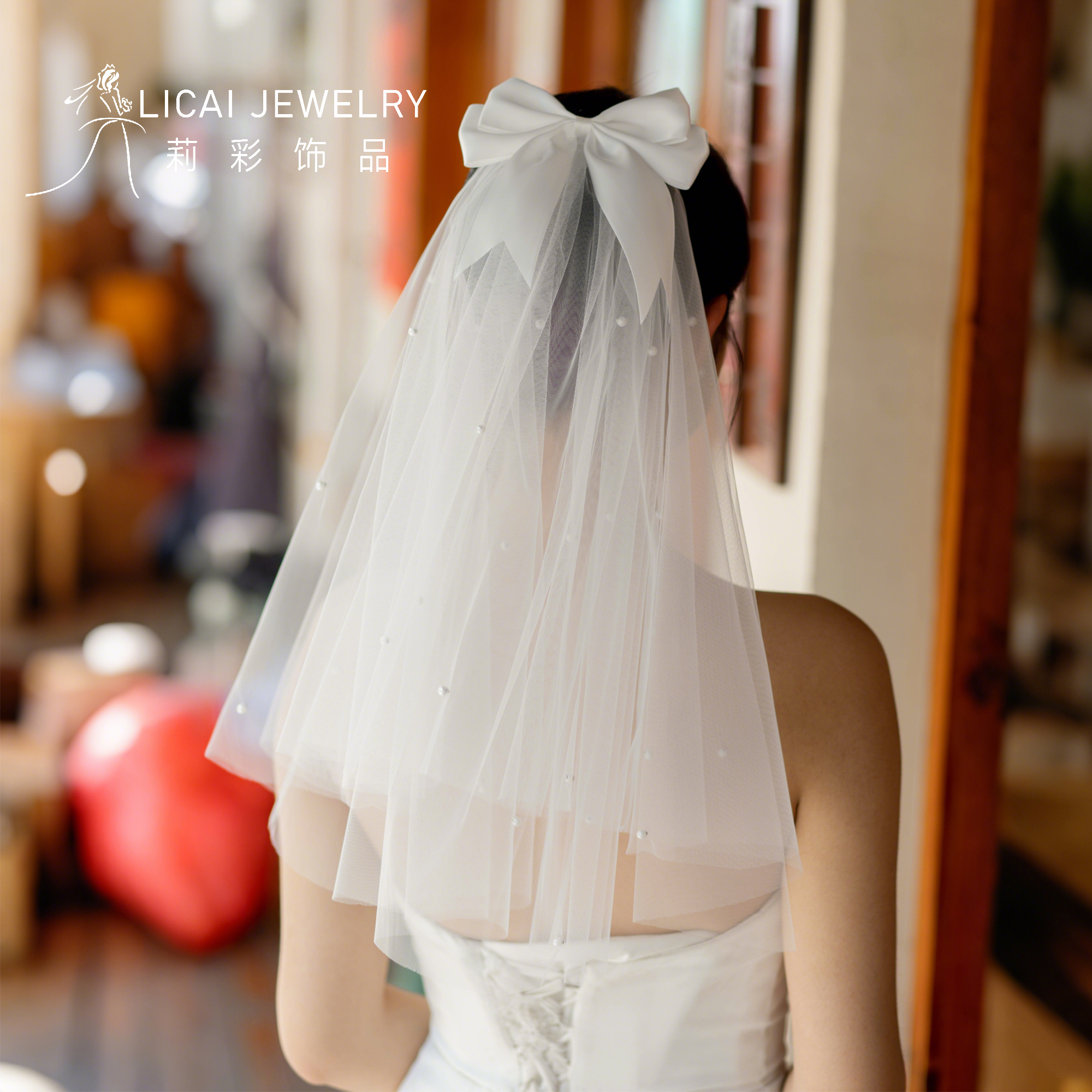 头纱领证白求婚登记头饰新娘主婚纱高级拍照道具蝴蝶结珍珠小个子