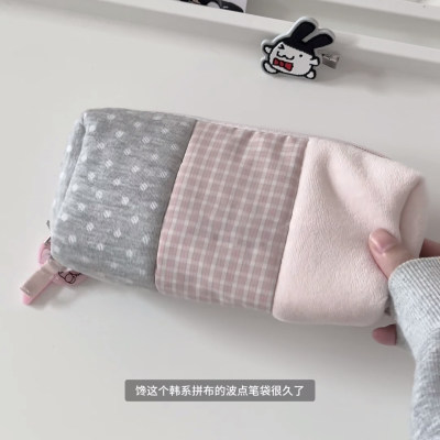 韩系波点格纹撞色拼接笔袋学生ins小众高颜值大容量多隔层文具袋