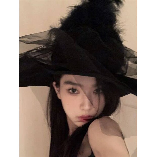 狂欢万圣节礼物派对帽子女巫帽肯豆同款羽毛网纱巫婆帽巫师cos