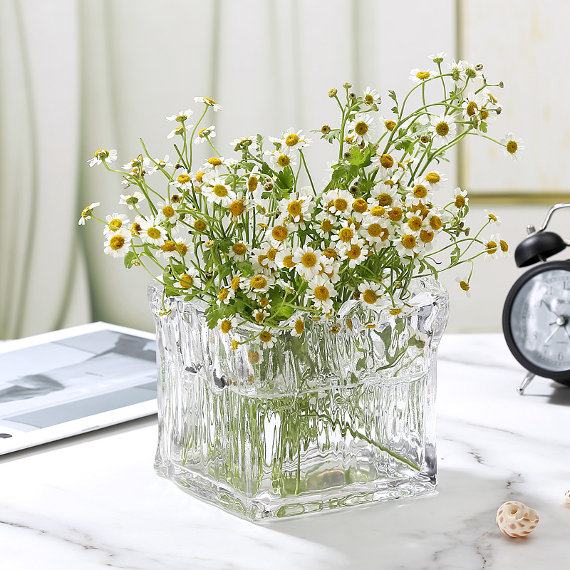 现代简约创意冰雕居家p玻璃花瓶方形水培绿萝白掌客厅摆件玫瑰百