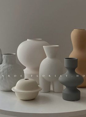 monroe梦鹿工作室陶瓷创意灰色花瓶摆件北欧风白色餐桌装饰电视柜