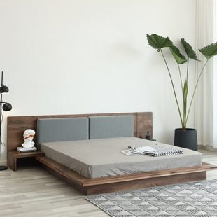 胡桃木实木床2米x2米2大床别墅实木床双人软包简约矮床落地榻榻米