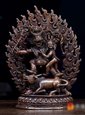 尼泊尔5寸紫铜手工雕花降阎尊铜像室内居家铜像摆件
