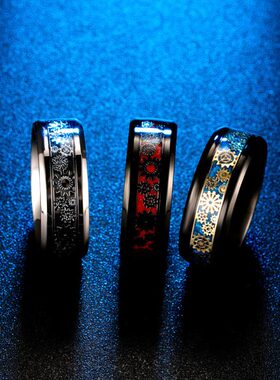 时尚钛钢戒指 镶嵌机械齿轮碳纤维戒指 镶箔片潮男钛钢戒指指环