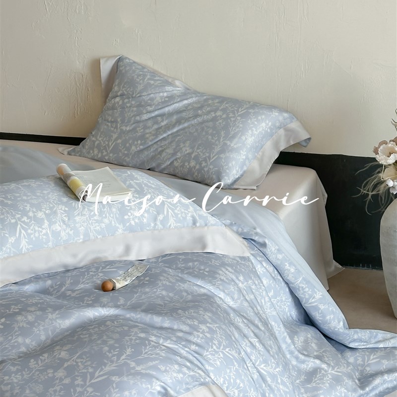嘉里home 珊瑚雪影高端兰精天C丝床上四件套蓝色印花60支被套床
