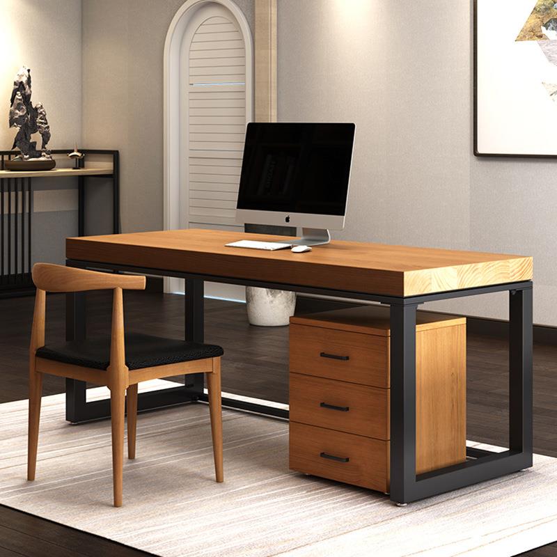 现代简约家用实木办公桌书房铁艺长条学生写字桌卧室单人电脑桌