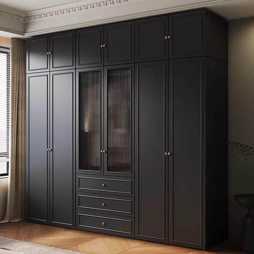 法式复古风ENF级欧松实木颗粒板家用卧室组合衣柜小户型黑色柜子