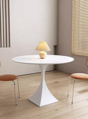 QX奶油风岩板餐桌圆形白色桌子圆桌洽谈桌德利丰小户型岩板圆桌