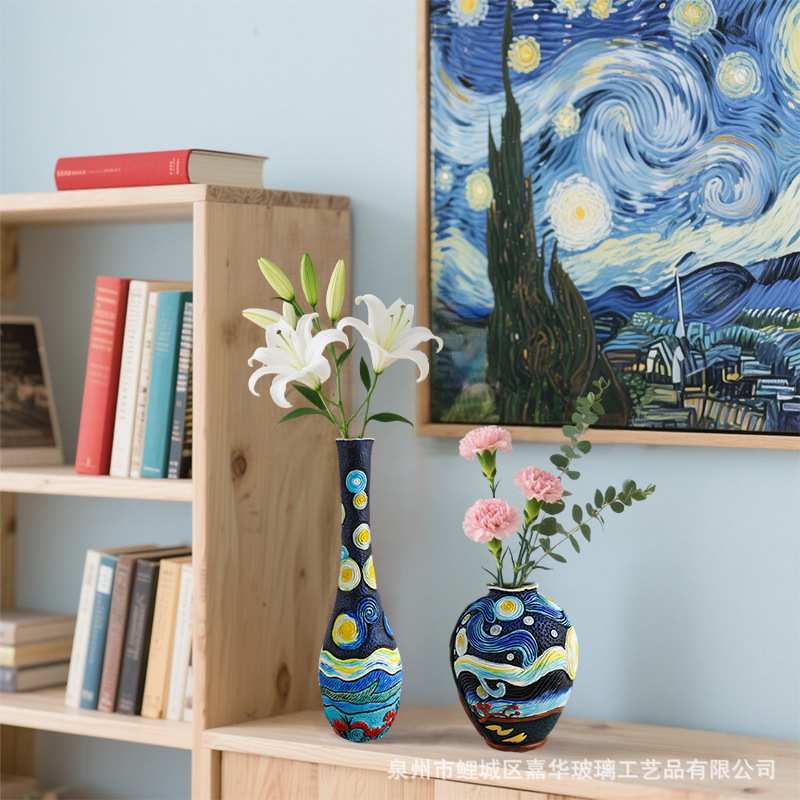 跨境现货梵高星空小号花瓶创意树脂庭院客厅玄关家居装饰摆件