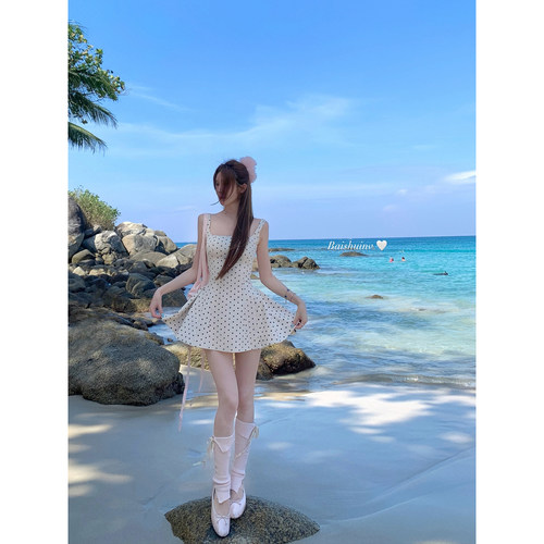 白水女 miu系波点 杏色方领吊带洋装女春法式初恋清纯收腰裙子