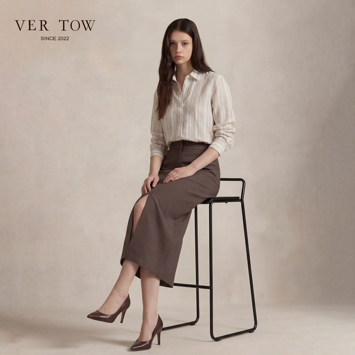 VERTOW百搭燕麦色亚麻条纹衬衫