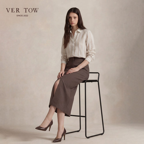 VERTOW百搭燕麦色亚麻条纹衬衫