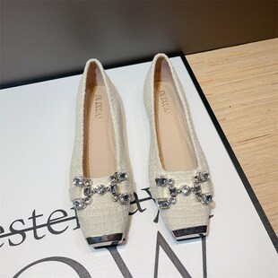 时尚法式水钻方头平底单鞋女2024年新款温柔配裙鞋V子女豆豆奶奶