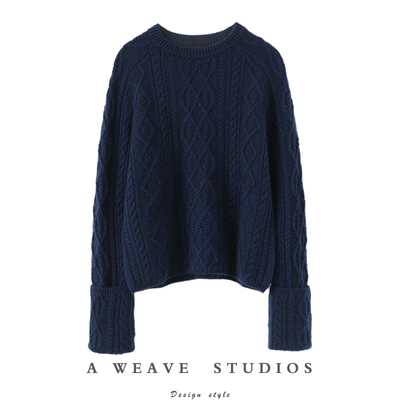 时髦小仙女!加厚圆领羊绒衫女绞花卷边袖设计纯羊绒毛衣针织衫冬