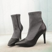 36码 子女靴子短靴瘦瘦靴P88 时尚 尖头g高跟羊皮真皮拼织物女鞋