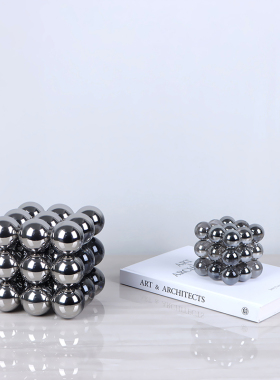 现代轻奢烟灰色圆球魔方堆积方块摆件书房玄关样板房售楼处装饰品