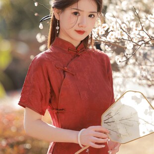 红色人丝提花全开襟旗袍一片式无省民国风年轻款少女曳地古法传统