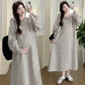 大码 裙条纹显瘦200斤潮 过膝长裙连帽衬衫 孕妇连衣裙20l25春装 新款