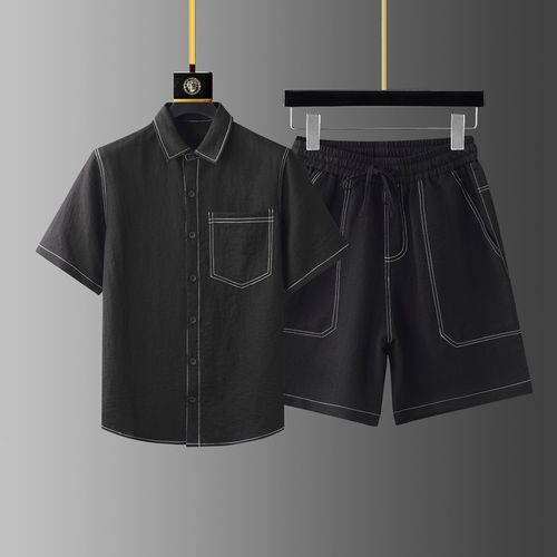 高端轻奢时尚衬衫翻领休闲运动套装男士夏季短袖短裤两件套男帅气