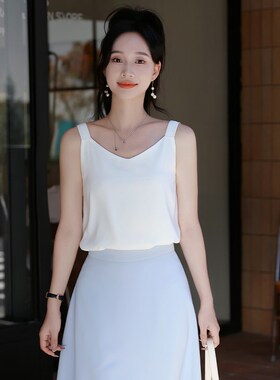 白色雪纺双层无袖吊带背心女夏季法式简约v领职业西装内搭上衣