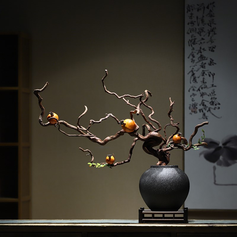 新中式陶瓷花瓶禅意天然枯木根雕艺术花艺侘寂风客厅茶室玄关摆件