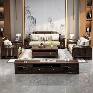 新中式乌金木别墅现代客厅家具组合冬夏两用客厅实木储物沙发